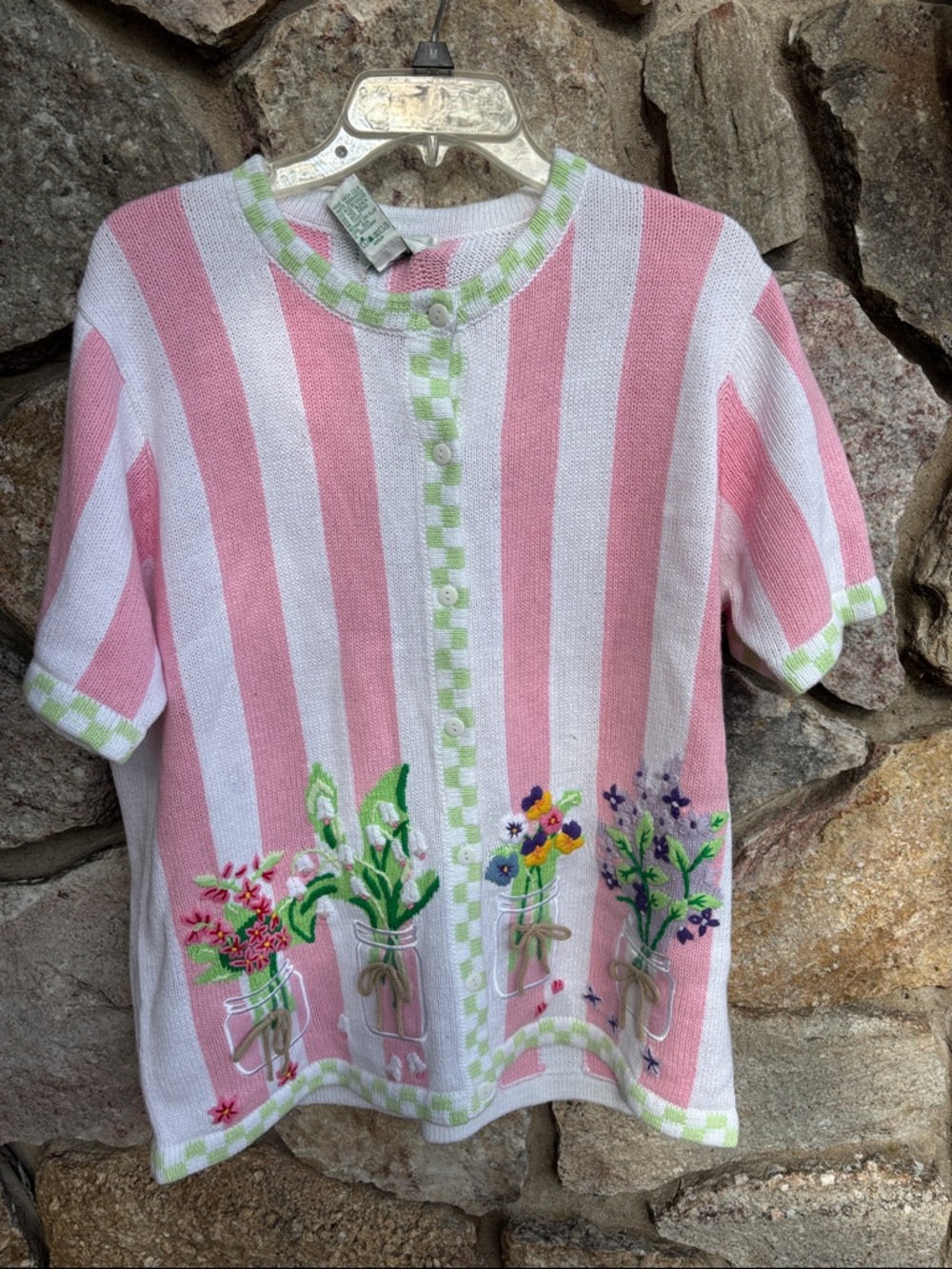 Vintage Pink & White Striped Embroidered Short-Sleeve Cardigan with plants